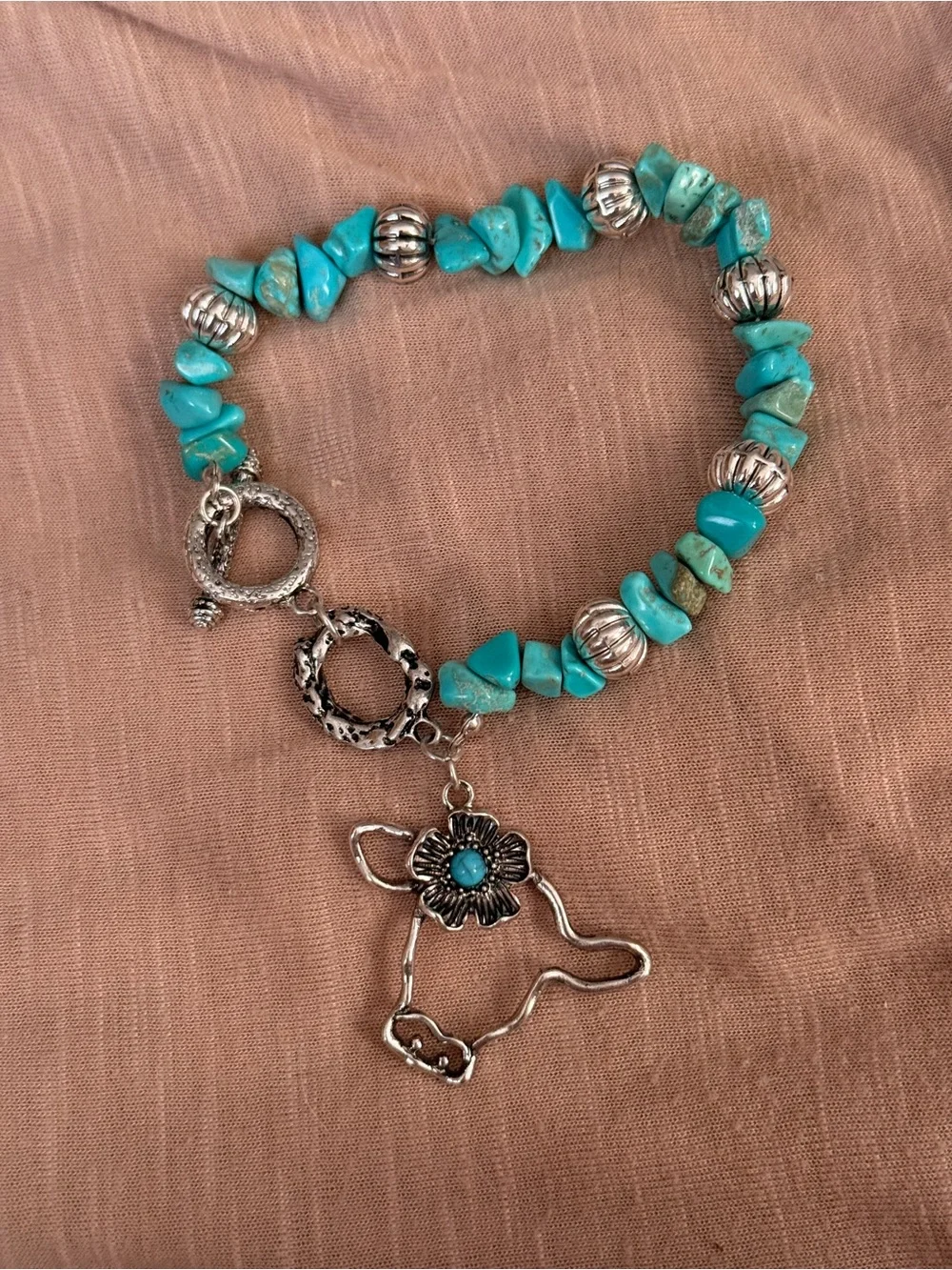 Turquoise Bead Cow Charm Bracelet - Silver Accents